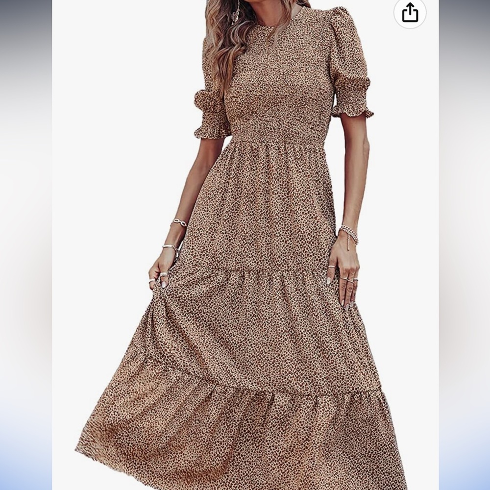 Neck Ruffle Short Sleeve Floral Leopard Smocked Boho Flowy Maxi Dress